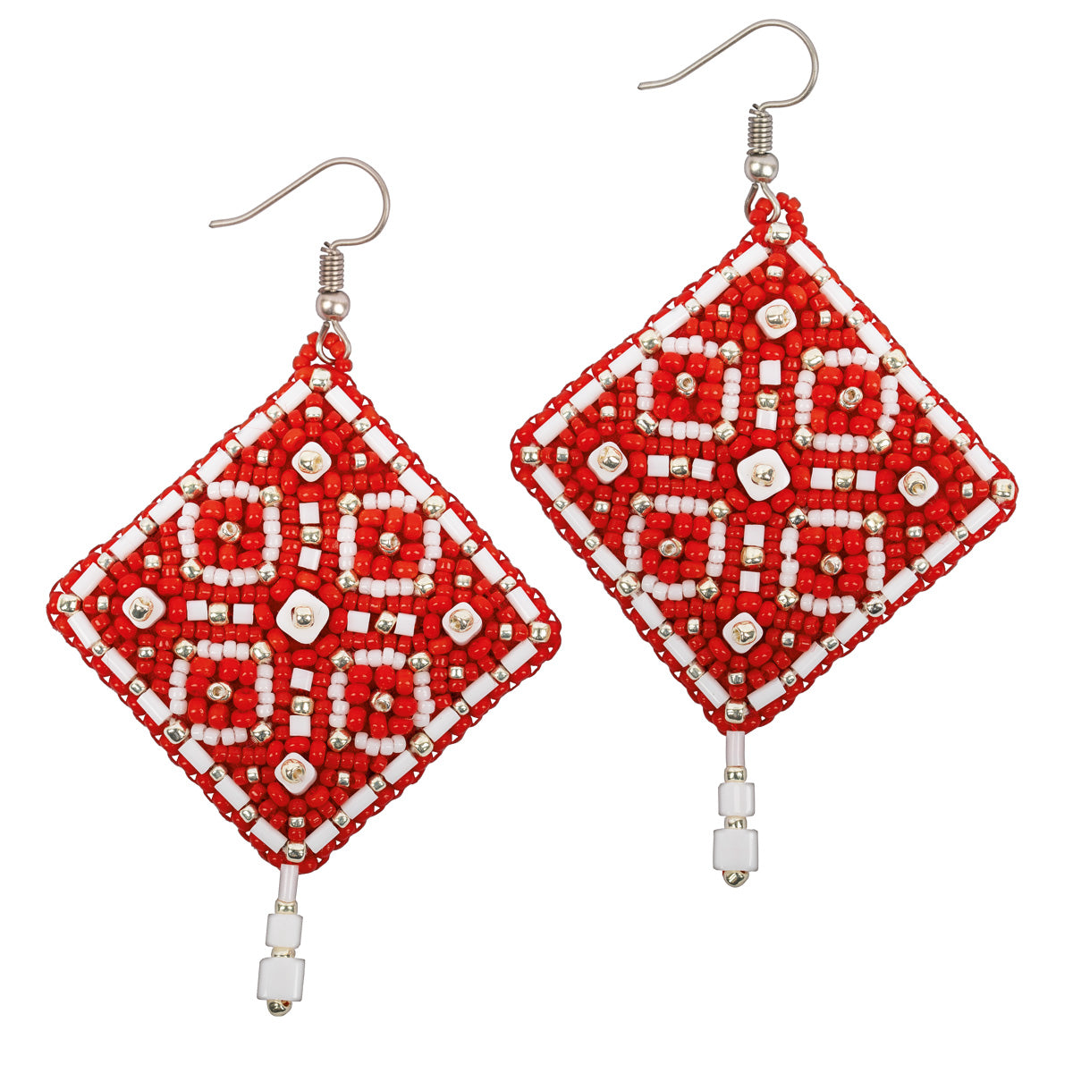 Square Earrings. Red Ornament Bead Embroidery Kit - TimeToCraft