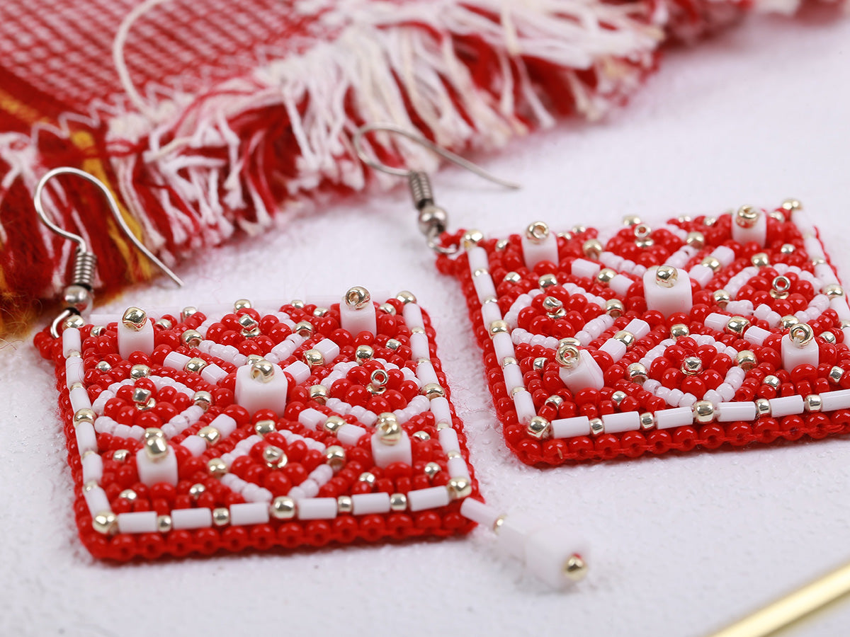 Square Earrings. Red Ornament Bead Embroidery Kit - TimeToCraft