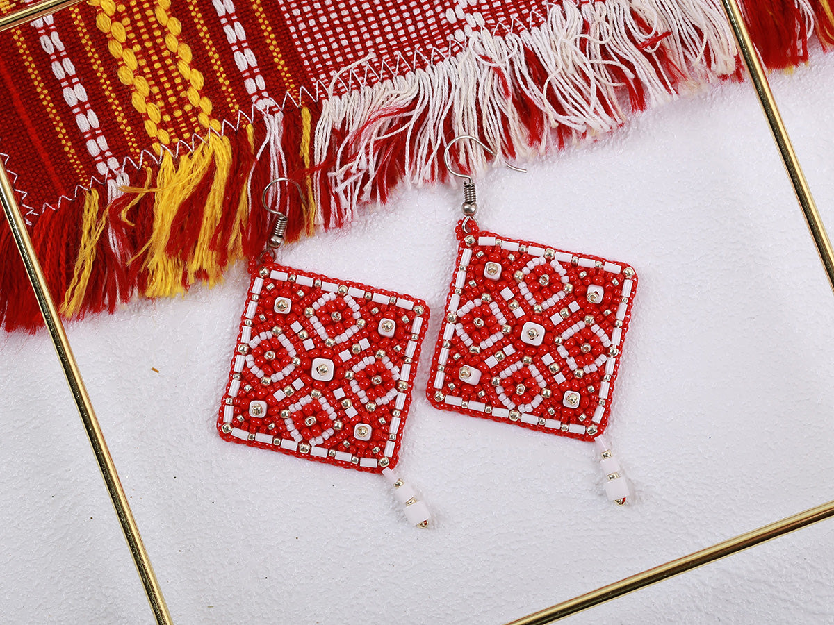 Square Earrings. Red Ornament Bead Embroidery Kit - TimeToCraft
