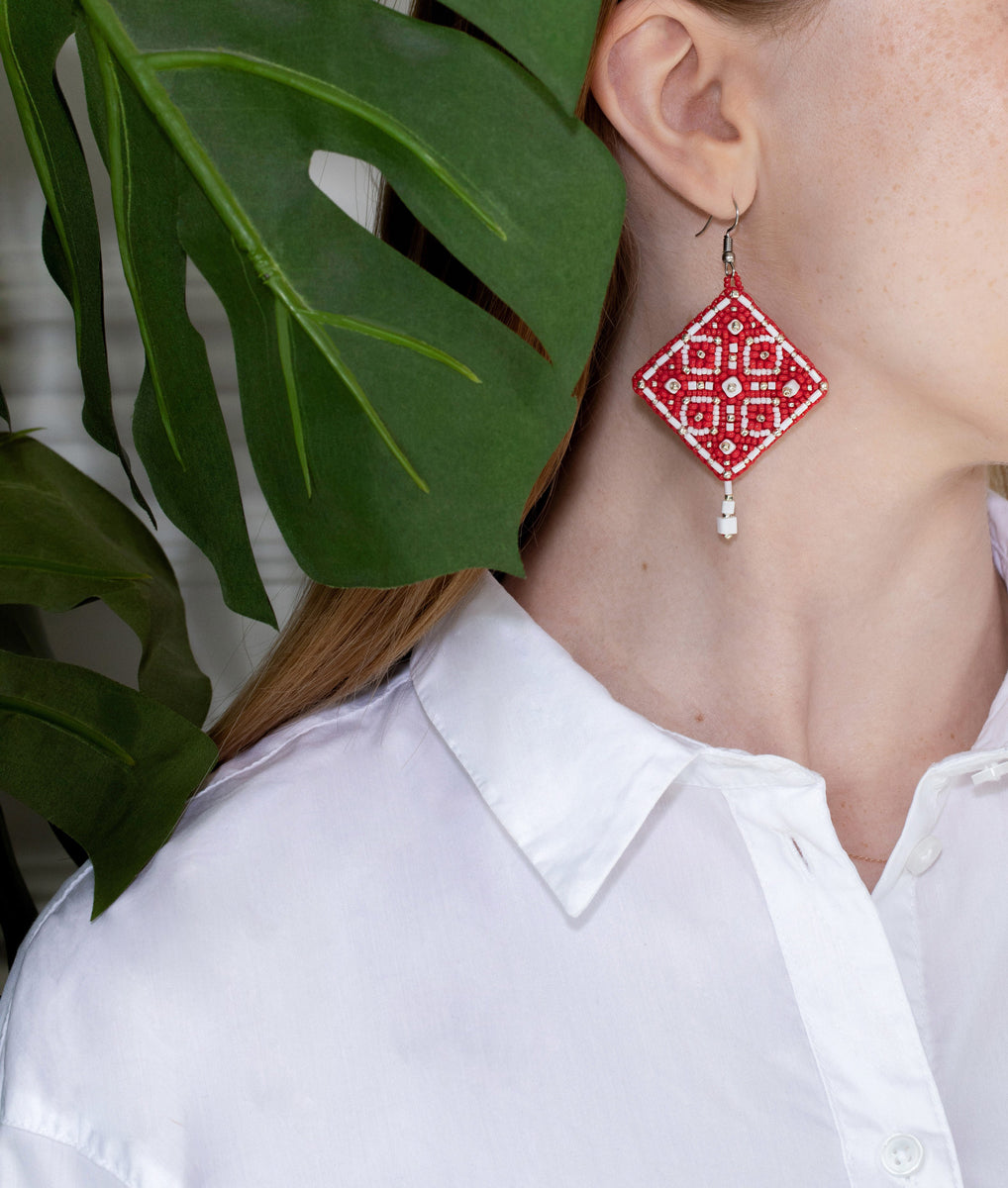 Square Earrings. Red Ornament Bead Embroidery Kit - TimeToCraft
