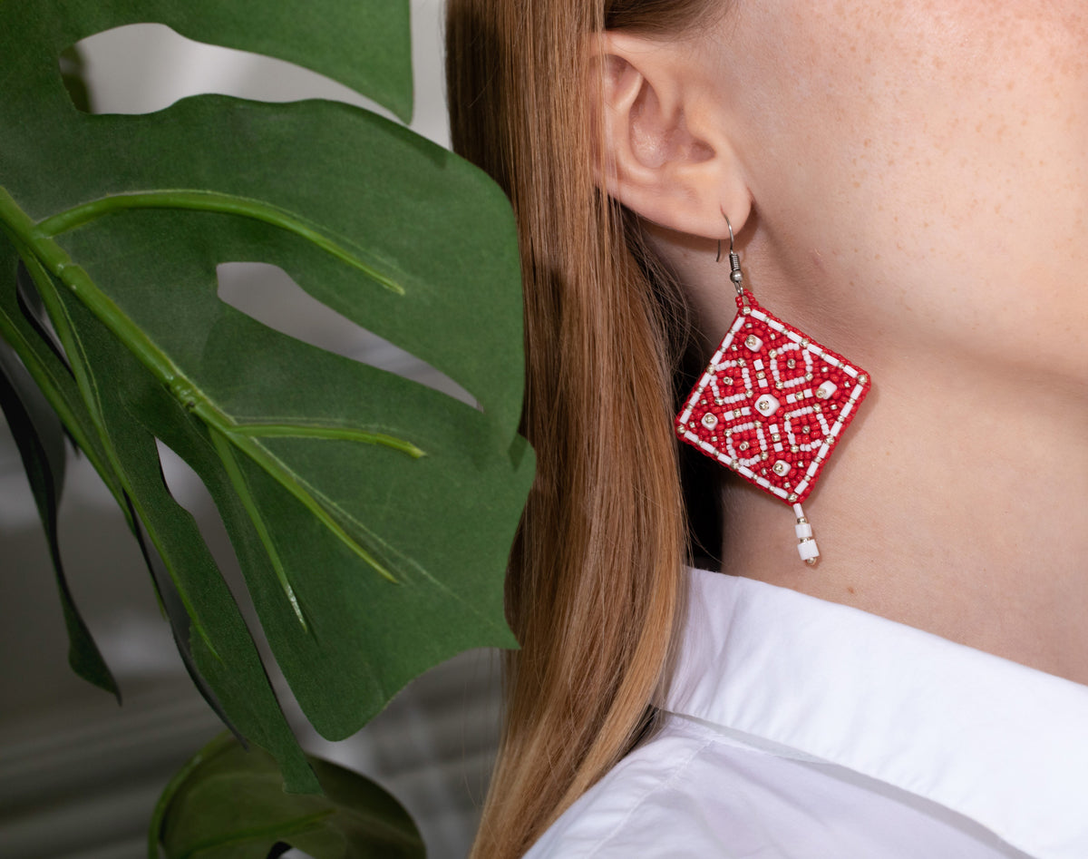Square Earrings. Red Ornament Bead Embroidery Kit - TimeToCraft