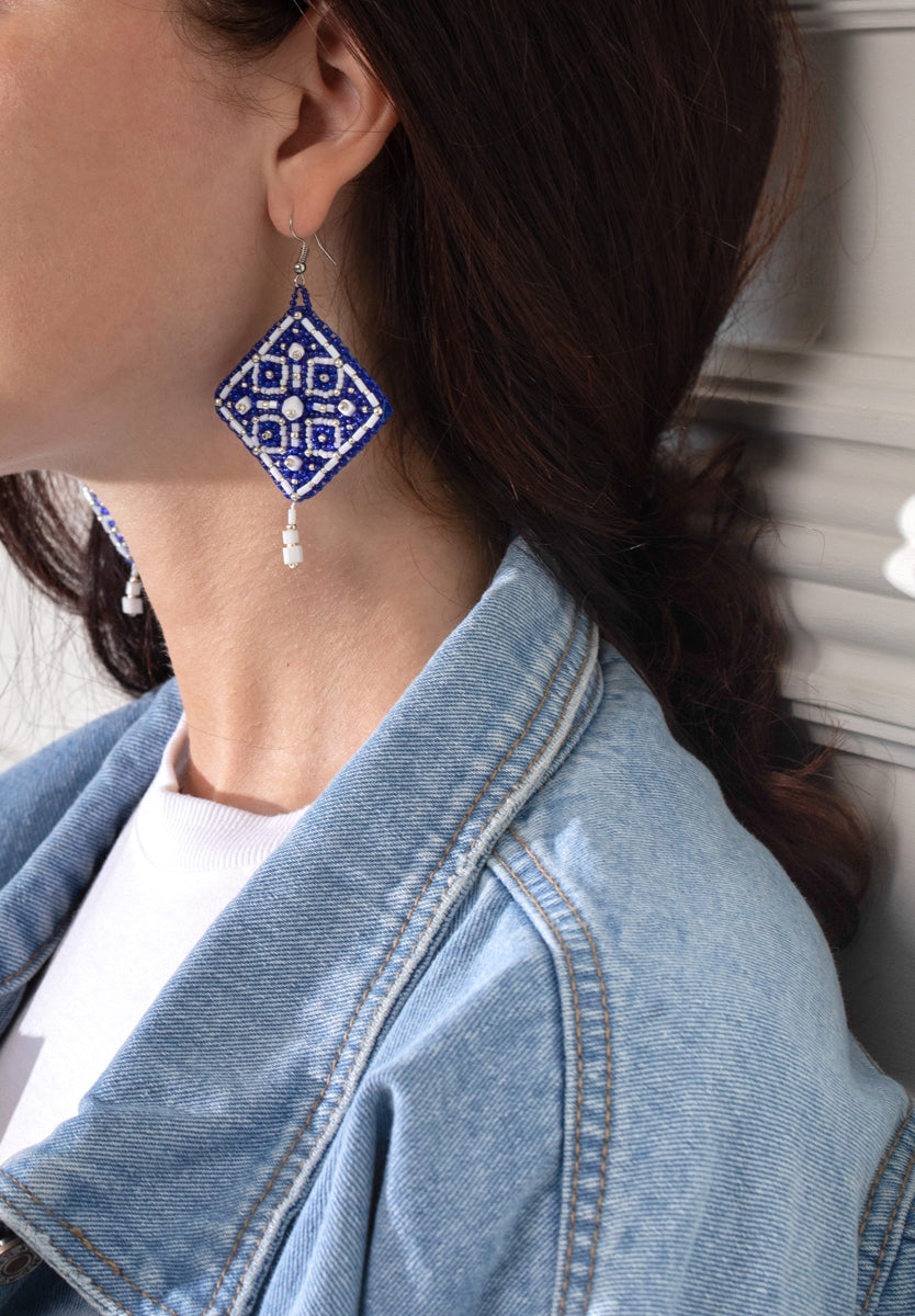 Blue Square Earrings Ornament - Seed Bead Embroidery Kit - TimeToCraft