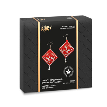 Square Earrings. Red Ornament Bead Embroidery Kit - TimeToCraft