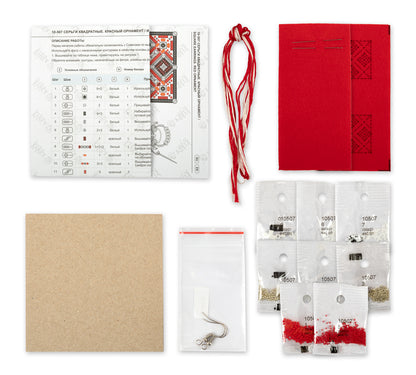 Square Earrings. Red Ornament Bead Embroidery Kit - TimeToCraft